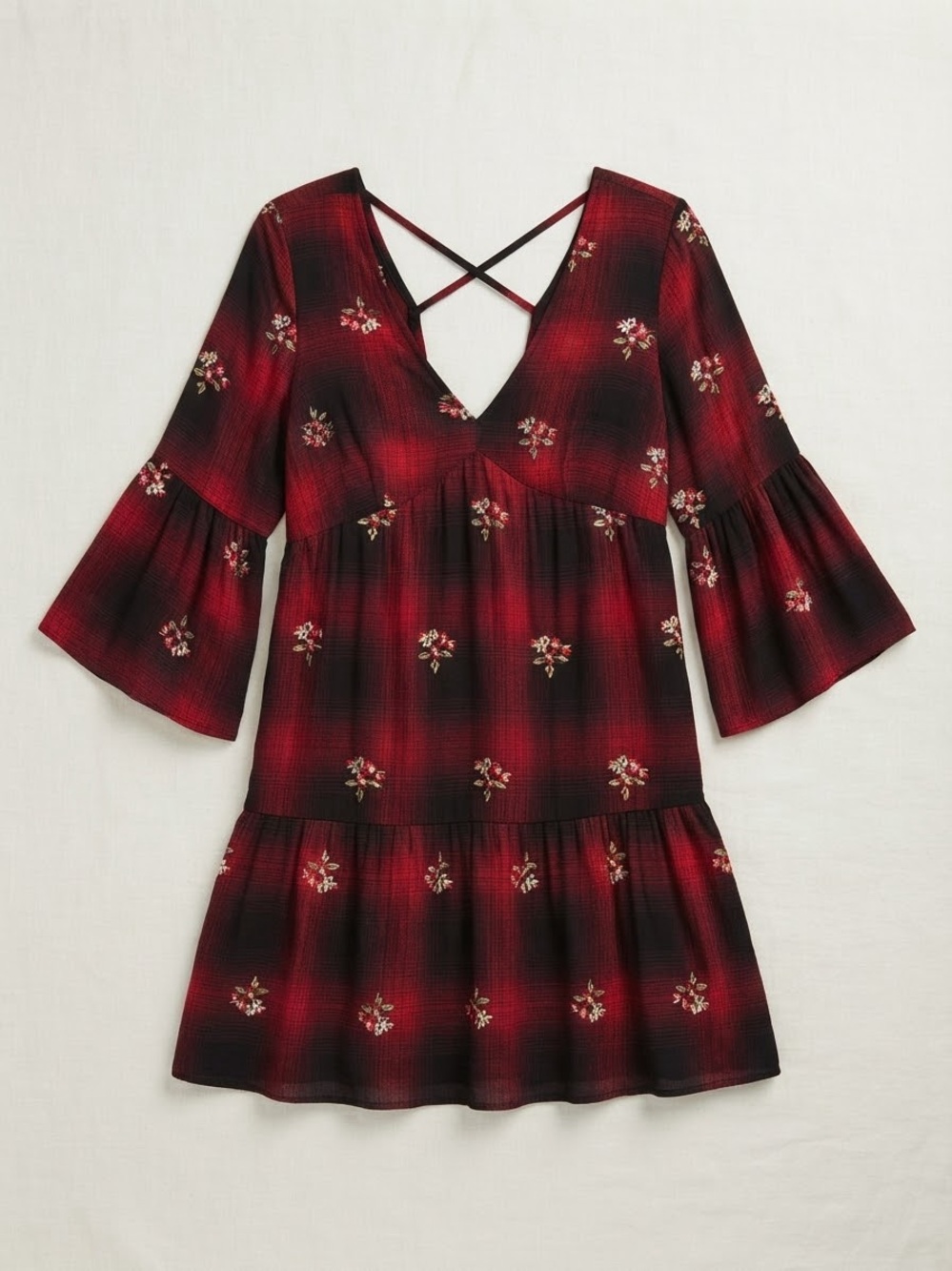 Angie Red & Black Floral Plaid Mini Dress